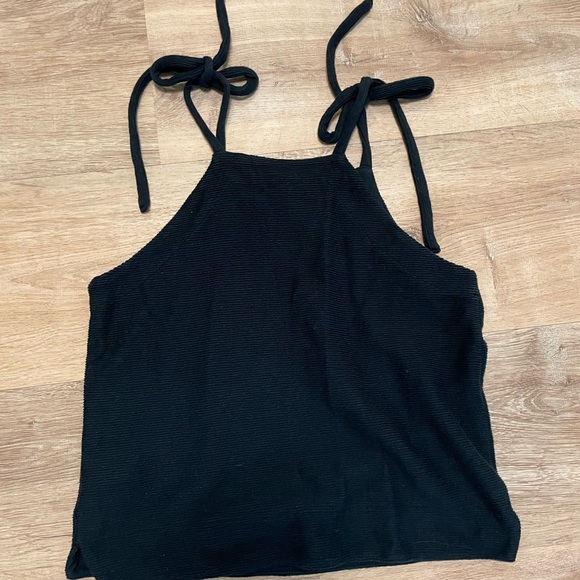 Madewell Texture & Thread Tie Shoulder Black Ribbed Tank - Picture 5 of 7